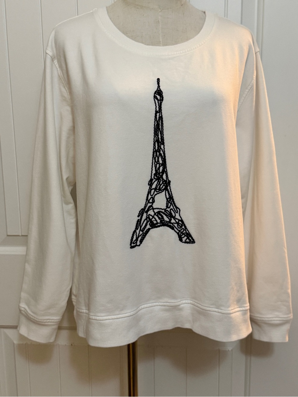 Karl Lagerfeld White Crewneck Sweatshirt with Black Eiffel Tower Embroidery